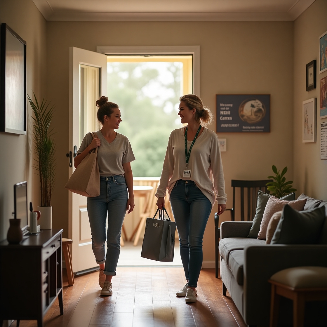 NDIS STA participant in welcoming home with support worker